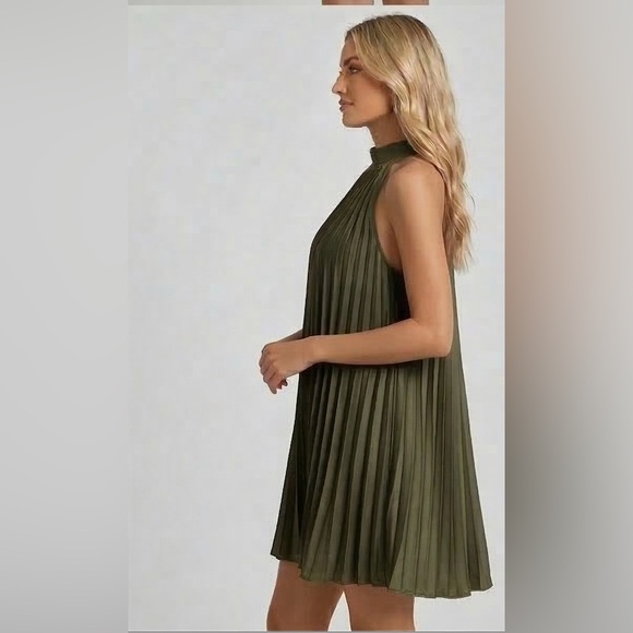 Tie Back Pleated Halter Dress Army Green - Picture 3 of 5
